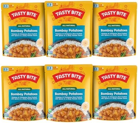 BackupsMyFilesNow Indian Bombay Potatoes microwaveable ready-to-eat entree in a 10 oz package, pack of six, featuring flavorful potato dish