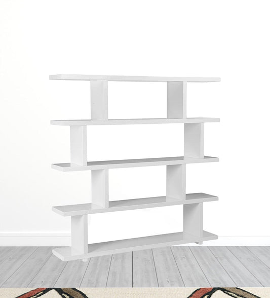White wood five-tier asymmetrical open bookcase with five shelves, designed for stylish storage and display.