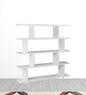 White wood five-tier asymmetrical open bookcase with five shelves, designed for stylish storage and display.