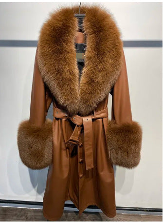 Slim-fit leather sheepskin fox fur coat with a sleek silhouette and soft fur trim