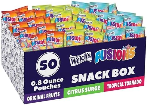 Welch's Fruit Snacks Fusions variety pack in 0.8 oz packs, gluten-free fruit snack assortment with 50 pieces displayed