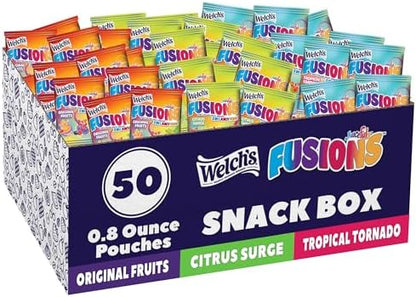 Welch's Fruit Snacks Fusions variety pack in 0.8 oz packs, gluten-free fruit snack assortment with 50 pieces displayed