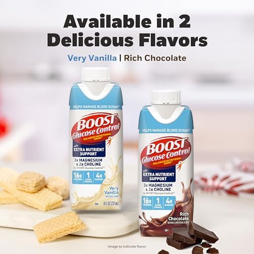 BOOST Glucose Control chocolate protein drink in 8 fl oz bottle, ready-to-drink nutritional beverage with glucose management benefits.