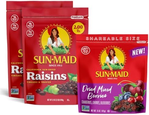 Sun-Maid dried fruit bundle with California sun-dried raisins and mixed berries in resealable bags on a white background.