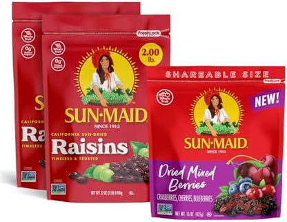 Sun-Maid dried fruit bundle with California sun-dried raisins and mixed berries in resealable bags on a white background.