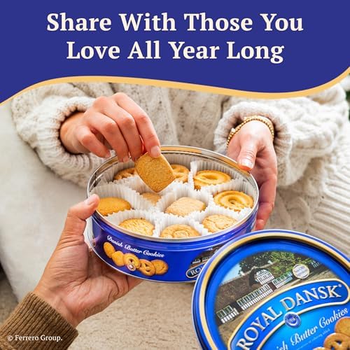 Royal Dansk Danish butter cookies in a 12 oz tin, assorted snacks made with real butter, featuring golden, buttery cookies.