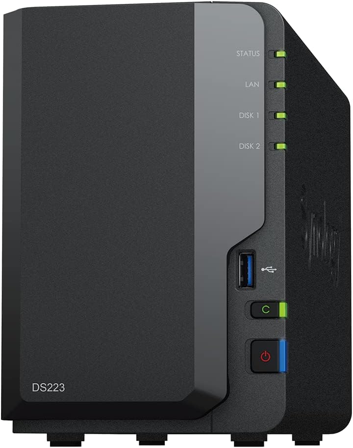 Synology DS124 1-bay diskless NAS for personal backups, file sharing, and home surveillance storage, with front display and ports