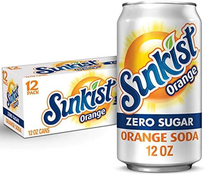 12-pack of Dr Pepper Sunkist Zero Sugar Orange Soda cans, 12 fl oz each, featuring bright orange design and branding.