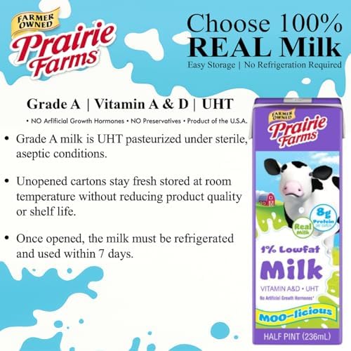 Prairie Farms 1% low fat shelf stable milk box, vitamin D, preservative-free, hormone-free, 8 fl oz, 27-pack, made in USA