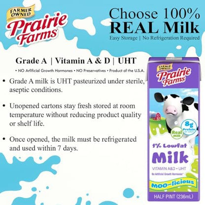 Prairie Farms 1% low fat shelf stable milk box, vitamin D, preservative-free, hormone-free, 8 fl oz, 27-pack, made in USA