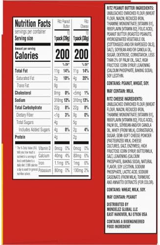 Ritz peanut butter and cheese sandwich crackers variety pack with 20 snack packs, featuring crispy cracker sandwiches with creamy fillings.