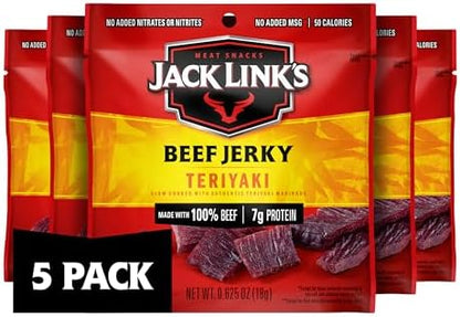 Jack Link's Teriyaki Beef Jerky Multipack with five 0.625 oz packs, showing individually wrapped beef jerky pieces.