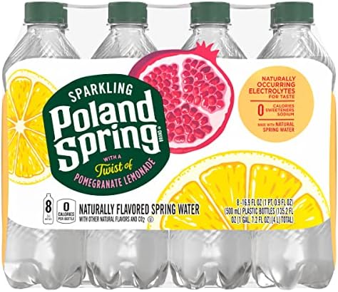 Poland Spring sparkling water bottles with pomegranate lemonade flavor, 16.9 oz, pack of 8, showing colorful fruit-infused beverage