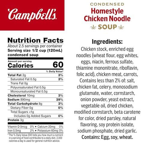 Cans of Campbell's Homestyle Chicken Noodle Soup, 10.5 oz, pack of 12, featuring the classic soup with chicken, noodles, and vegetables.