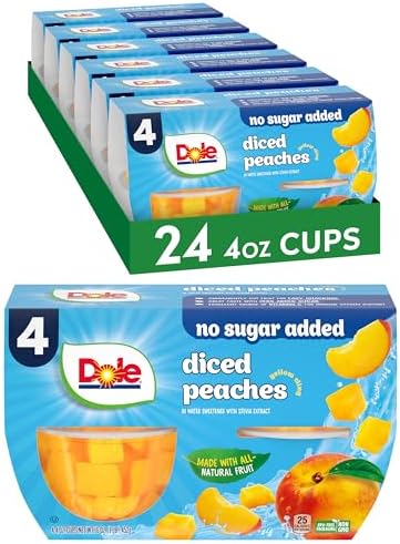 Dole Fruit Bowls diced peaches in 4oz snack cups, ready-to-eat fruit snack with fresh peach pieces in clear container