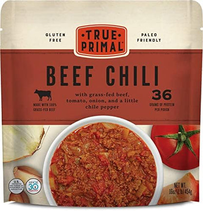 True Primal beef chili pack featuring ready-to-eat, gluten-free, paleo, grass-fed beef chili in an 8-pack.