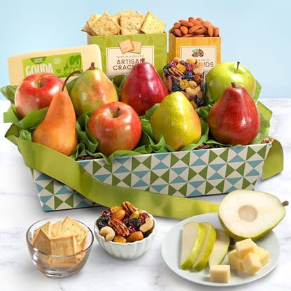 A Gift Inside classic fresh fruit basket with crackers, cheese, and nuts, perfect for holidays, birthdays, and special occasions.
