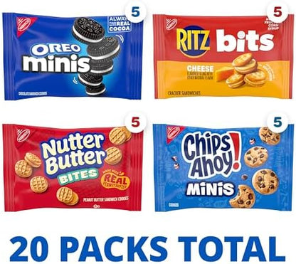 NABISCO Cookie and cracker variety pack with 20 snack packs, includes four different flavors of cookies and crackers.