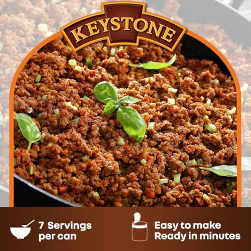 Canned Keystone All Natural Heat and Serve Ground Beef, 14 oz, fully cooked, ready to eat, in a can with label showing beef product