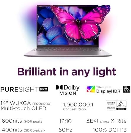 Lenovo Slim 7i Aura Edition laptop with 14-inch WUXGA OLED display, 16GB RAM, 1TB storage, Luna Grey color.