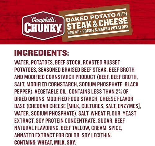 Campbell's Chunky Baked Potato with Steak & Cheese Soup container showing the label and rich, hearty soup in an 18.8 oz package.