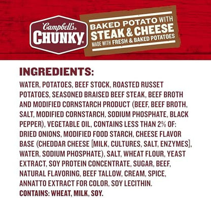 Campbell's Chunky Baked Potato with Steak & Cheese Soup container showing the label and rich, hearty soup in an 18.8 oz package.