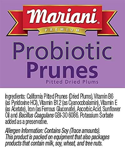 Mariani Premium probiotic dried prunes in a 7 oz bag showing fresh, plump California prunes with probiotic culture packaging visible.