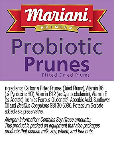 Mariani Probiotic Dried Prunes with BC30 cultures in a 7 oz bag, showcasing plump, dark dried prunes for digestive health.