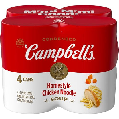 Four 10.75 oz cans of Campbell’s Condensed Chicken Noodle Soup, packaged in a clear plastic wrap, showing labels with chicken and noodles.