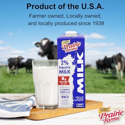 Prairie Farms 2% milk shelf-stable boxed milk carton with vitamin D, hormone-free, gluten-free, and kosher, 1 quart, 4-pack