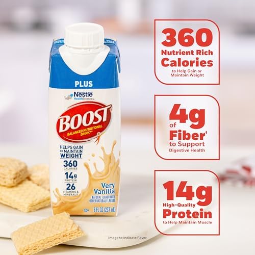 Boost Plus nutritional protein drink in Very Vanilla flavor, 24-pack, with bottles displayed on a plain background.
