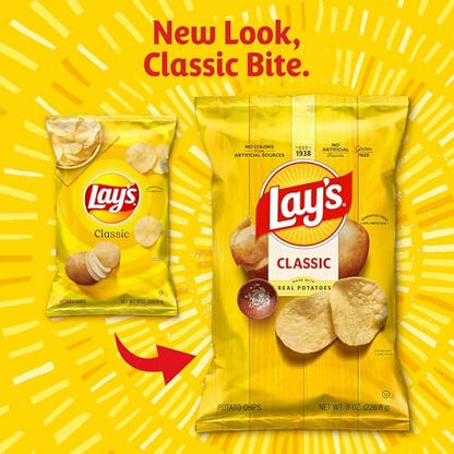 Lay's Classic potato chips in a 10-count package, showing golden, crispy chips in a bright bag.
