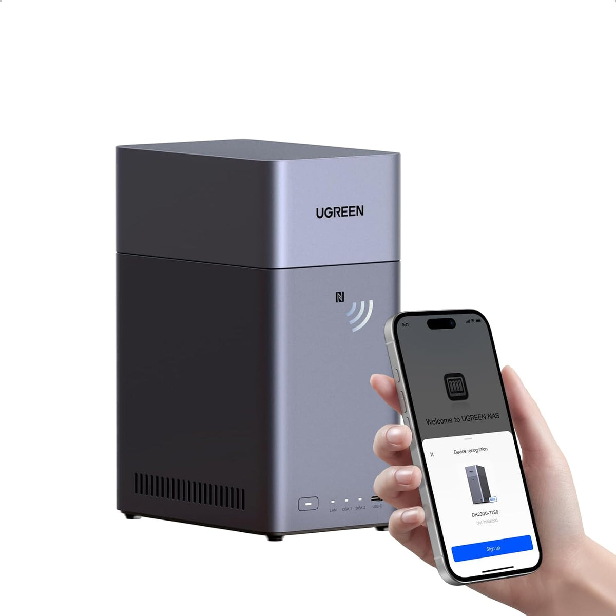 UGREEN NAS DH4300 Plus 4-Bay NAS enclosure for home and remote use with multiple drive bays and sleek design.