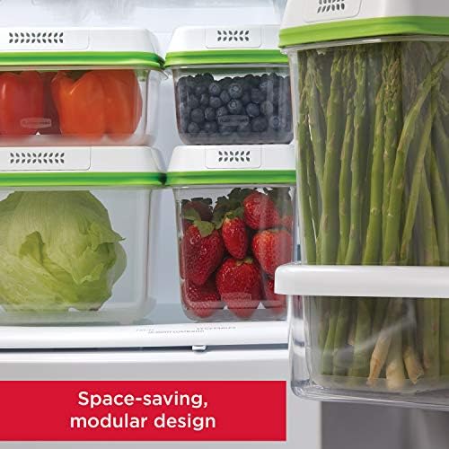 Rubbermaid FreshWorks large produce storage containers, 4-piece set, clear plastic with vented lids for fresh fruit and vegetable storage.