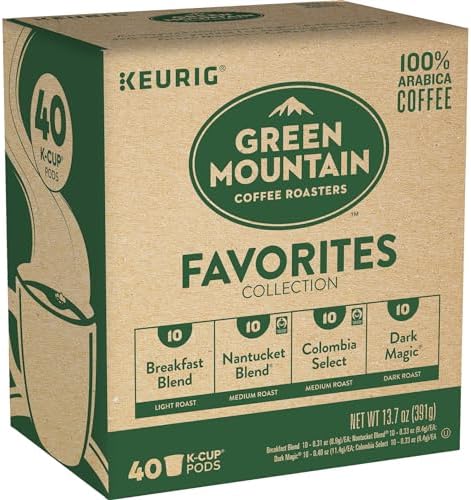 Green Mountain Coffee Roasters Favorites Collection K-Cup coffee pods in green packaging, ready for brewing.