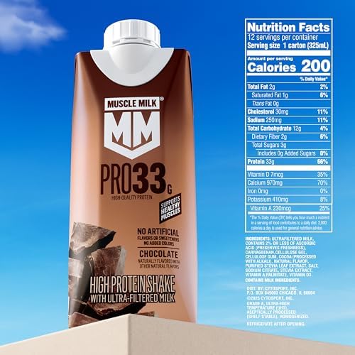 Muscle Milk Pro liquid high protein chocolate shake in 11 oz bottle, ready-to-drink, pack of 12