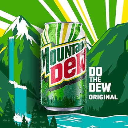 Pack of 12 Mountain Dew soda cans, 12 fl oz each, featuring the classic green Mountain Dew soft drink branding.