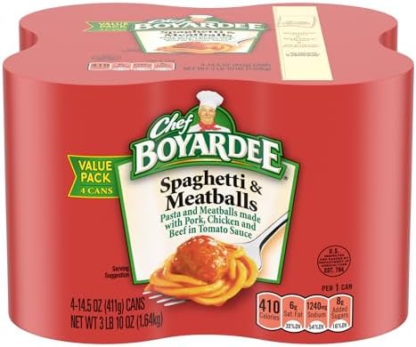Four Chef Boyardee Spaghetti and Meatballs 14.5 oz cans, packaged pasta with beef meatballs and tomato sauce in each can.