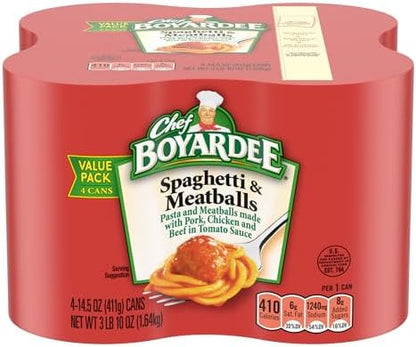 Four Chef Boyardee Spaghetti and Meatballs 14.5 oz cans, packaged pasta with beef meatballs and tomato sauce in each can.