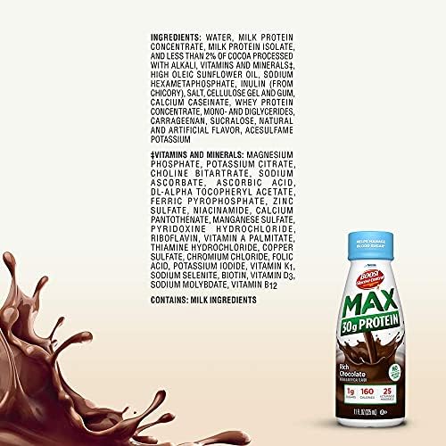 BOOST Glucose Control Max protein nutritional drinks in rich chocolate and vanilla flavors, 12-pack bottles with 30g protein each.