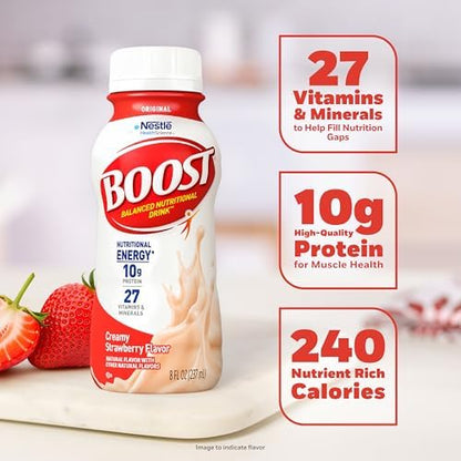 BOOST Original Nutritional Shake in strawberry flavor, ready-to-drink meal replacement bottles, 24-pack.