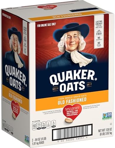 Quaker Old Fashioned Rolled Oats in two 64oz bags, non-GMO, 4-pound pack for healthy breakfast or baking uses.