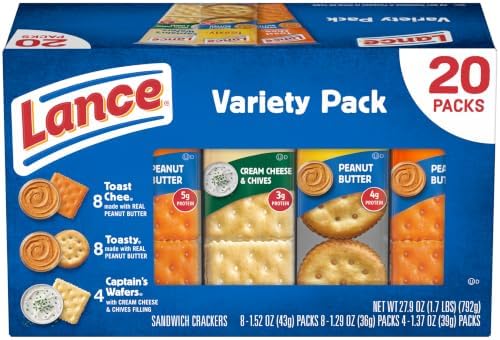 Lance assorted sandwich crackers in a 20-pack variety box, featuring classic cracker sandwiches with creamy fillings.