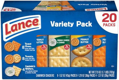 Lance assorted sandwich crackers in a 20-pack variety box, featuring classic cracker sandwiches with creamy fillings.