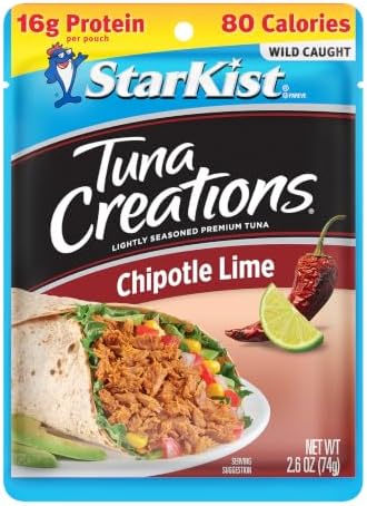 StarKist Tuna Creations Chipotle Lime packaged tuna fish in a 2.6oz pouch, 24-pack, ready for snacks or meals