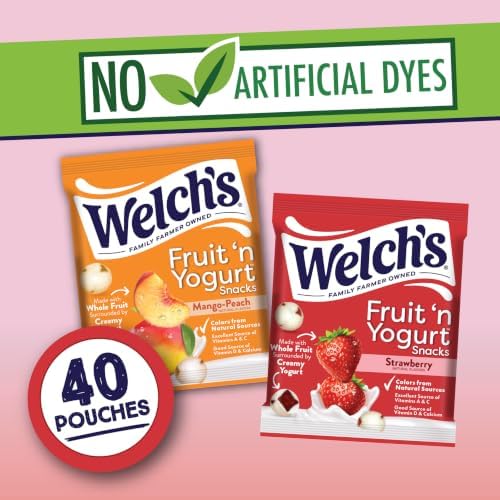 Welch's Fruit 'n Yogurt Variety Pack of fruit yogurt snacks, 0.7 oz, 40-count, colorful packaging with fruit illustrations.