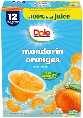 Dole canned mandarin oranges fruit bowls, 4oz cups, 12-pack, showing bright orange segments in clear cups