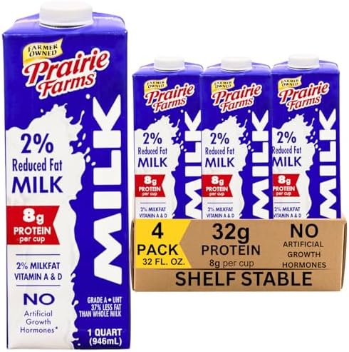 Prairie Farms 2% milk shelf-stable boxed milk, 1 quart, vitamin D, reduced fat, hormone-free, gluten-free, kosher, made in USA.