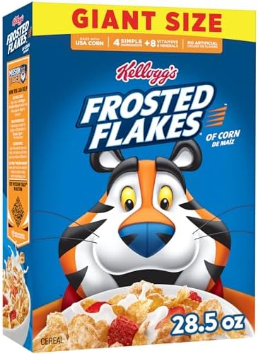 Kellogg's Frosted Flakes original giant size cold breakfast cereal box with frosted corn flakes in a colorful box.