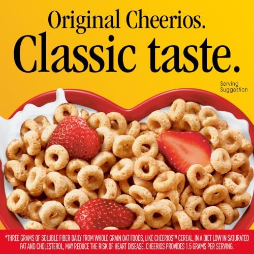 Cheerios gluten free breakfast cereal in family size 18 oz box, heart-healthy oat cereal with round, toasted cereal rings.